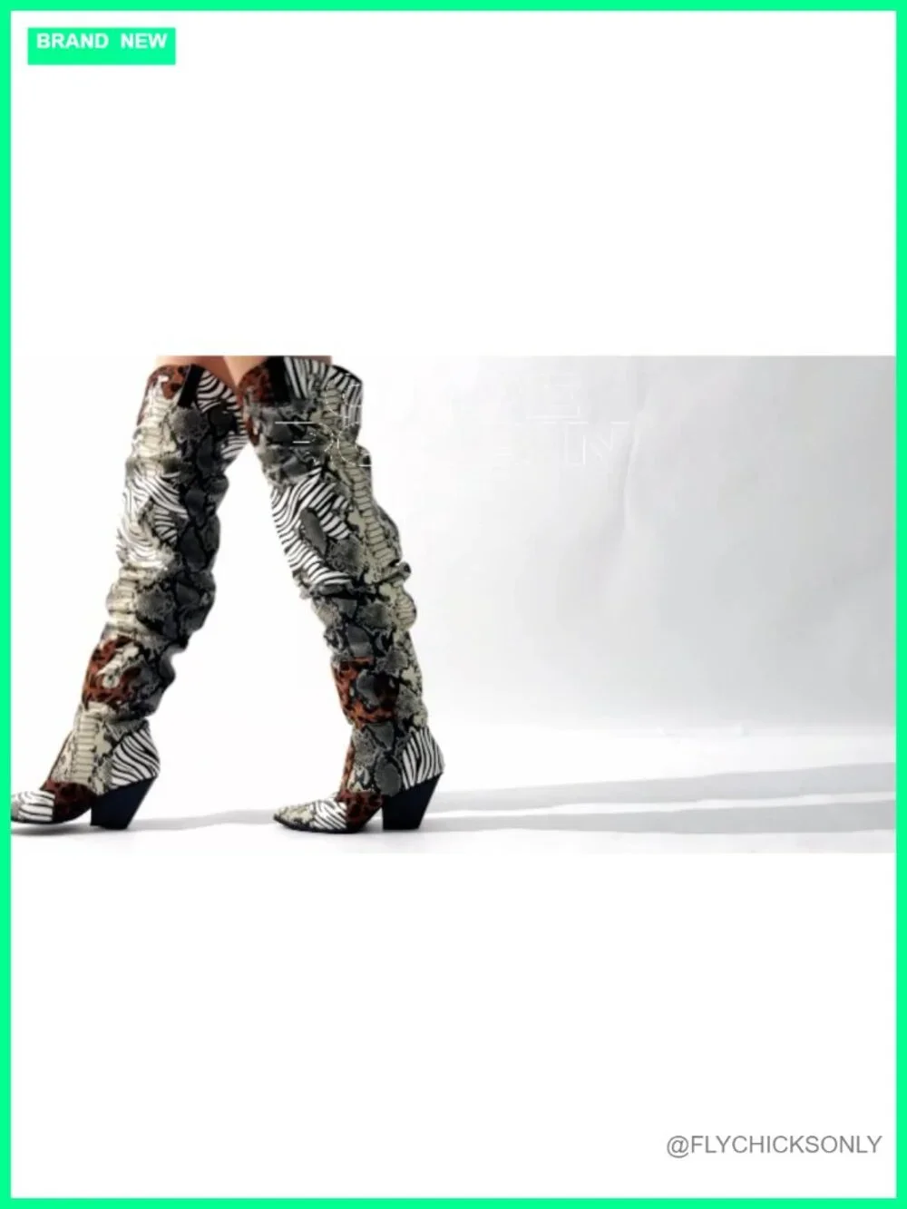 Thigh High Cowboy Boots Chunky Heel Faux Snakeskin Western Booties Block Heel